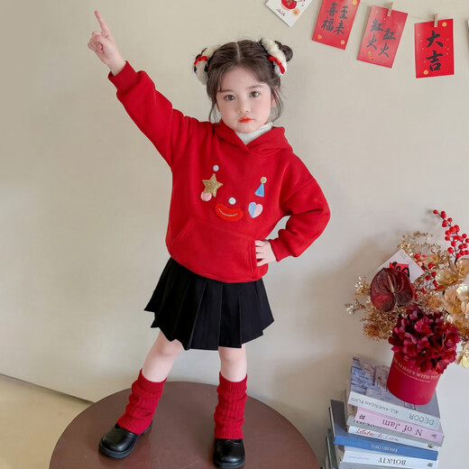 G.duck New Year's greeting clothes for girls, velvet sweatshirt, winter 2026 new style, super nice festive top for children, baby red inner wear, red 120 cm