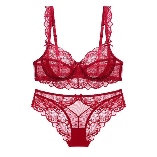 ZOEACE birth year underwear women's red underwear set thin big breasts appear smaller push-up sexy lace wedding bra 9241 set (burgundy/big breasts appear smaller/thin 0.1cm/ 70A 32A