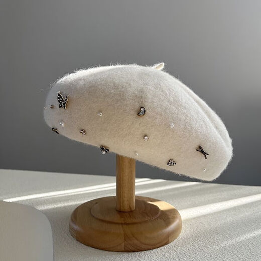 Foyhao Wool Beret Women's Autumn and Winter Pumpkin Hat Small Fragrant Style Fashionable Warm Hat Handmade Pearl Rhinestone Painter Hat Cream White