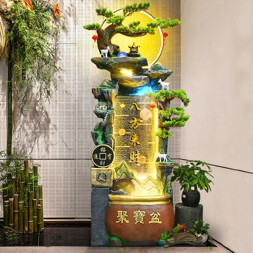 Waterscape gathering treasure basin flowing water ornaments circulating water feng shui wheel office living room floor-standing wealth-enhancing water curtain opening gift decoration 9136 small size 118CM high with lights and fog