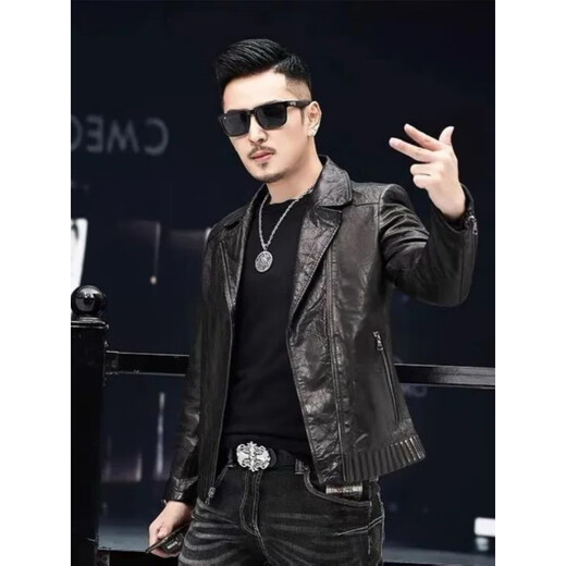 Playboy 2025 Autumn and Winter Short Slim Suit Collar Leather Jacket Men's Korean Style Fashionable, Handsome and Casual The Easiest to Match Leather DB# Black Spring and Autumn Style M