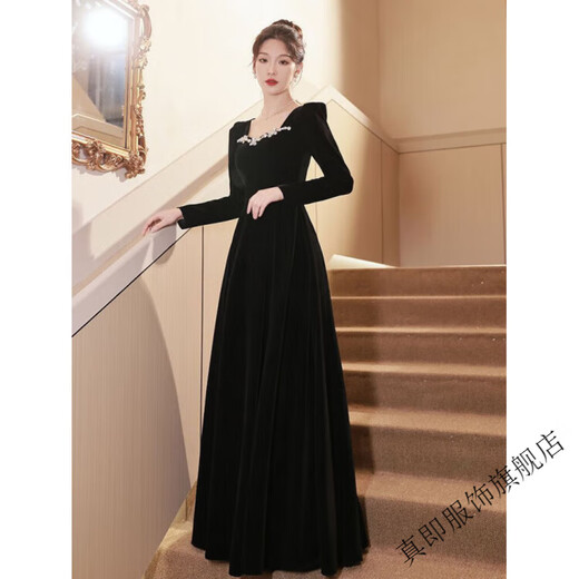 True Black Annual Party Evening Dress Feminine Textured Velvet Long Sleeve French Art Test High-end Niche Light Luxury Winter 6116 Black Long S