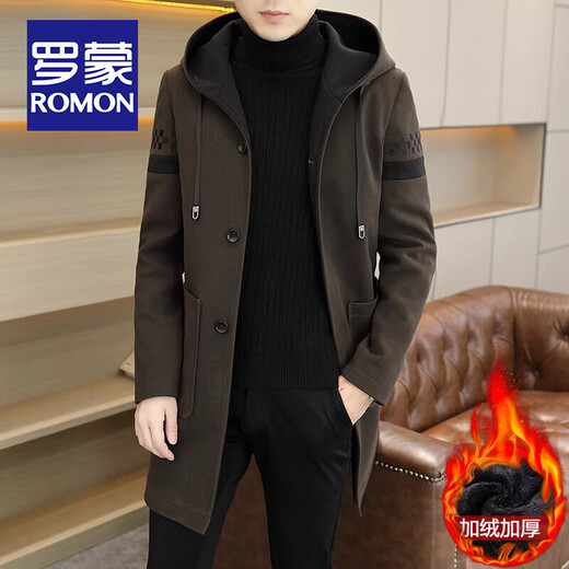 ROMON Trendy Hooded Windbreaker Men's Autumn and Winter New Style Fashionable and Handsome Casual Coat Velvet Thickened Cold Warm Jacket 37 Khaki Velvet XL 125-140Jin Jin is equal to 0.5 kg