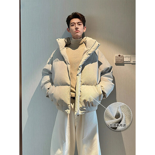 NYING canvas leather cotton jacket men's winter new American trendy brand stand-up collar short cotton jacket thickened warm loose cotton jacket off-white M (90-110Jin Jin equals 0.5 kg)