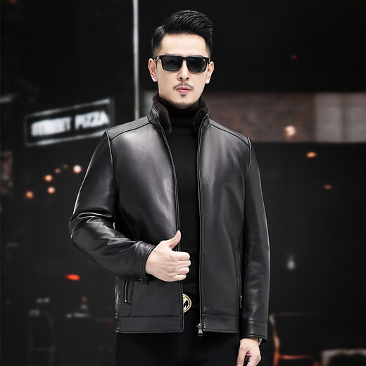 Fat Donglai Supermarket purchasing Haining leather jacket for men in autumn and winter with removable inner liner goatskin imitation deer pattern mink same style black 4XL