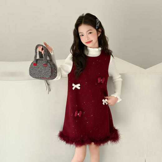 LEBANBI children's clothing, girls' woolen skirt, autumn and winter New Year's greetings dress, fashionable dress, birthday dress, thickened velvet New Year's dress, white base + woolen skirt 140 (suitable for height 135CM)