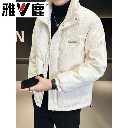 雅鹿潮牌韩版男士白鸭绒服外套2026冬季新款加厚青年痞帅短款面包服  黑色 M