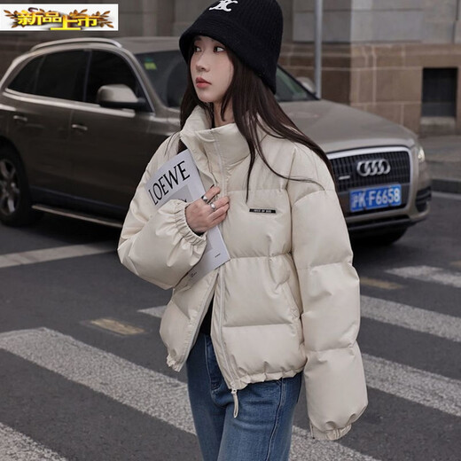 Chujing PU Leather Jacket Women's Short Autumn and Winter New Stand Collar Korean Style Down Jacket Loose Versatile Warm Jacket White Duck Down Beige (PU Version) M