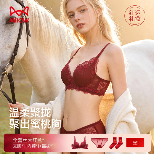 Cat Man Red Underwear Women's Qiji Red Small Breasts Gathered Animal Year Horse Year Harvest Secondary Breasts Pure Desire Sexy Bra Gift Box Set