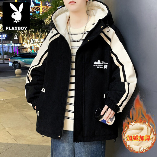 Playboy (PLAYBOY) men's jacket autumn and winter 2026 new trendy brand splicing plus velvet thickened jacket boys and teenagers warm cotton coat 8607 black plus velvet L about 100-120 Jin Jin equals 0.5 kg can be worn