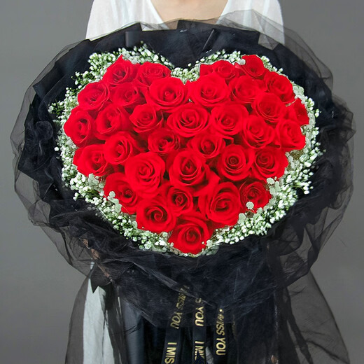 Xin Changcun Flowers Express Rose Bouquet for Girlfriend and Wife’s Birthday Gift Nationwide Flowers Delivered in the City 33 Red Roses Heart-Shaped Bouquet