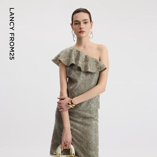 Langzi one-shoulder ruffled beaded fashionable design shirt elegant temperament shirt women 2026 spring new moss green S