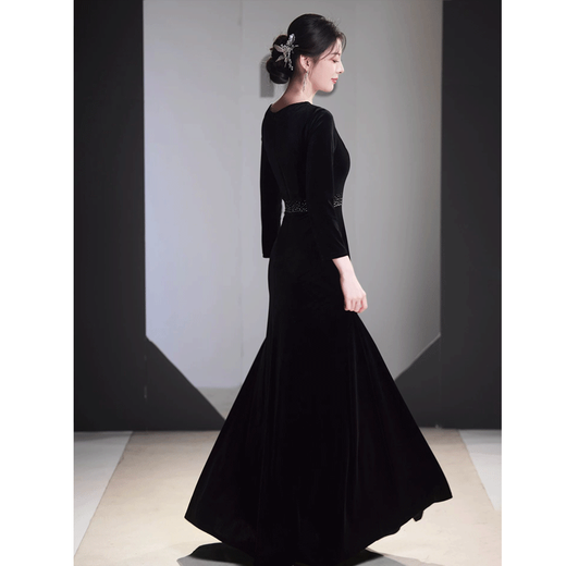 Seidler Cantata Piano Performance Black Long Sleeve Conductor Uniform Annual Meeting Host Female Performance Uniform Evening Dress Long Skirt Adult Black Velvet M
