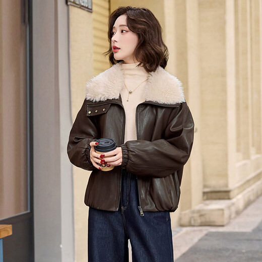 Chuxin velvet thickened PU leather jacket women's short 2025 winter new style women's retro style warm high-end jacket coffee color (velvet thickened) M