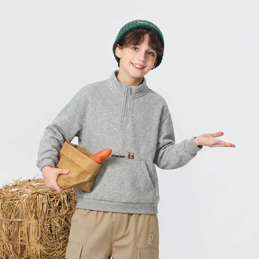 MQD plus velvet MQD boys 25 new winter style college style half-cardigan sweatshirt with big cartoon on the back, light hemp gray 140