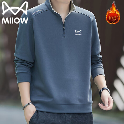 Catman Sweatshirt Men's Autumn and Winter Plus Velvet Warm Trendy Half Open Collar Large Size Casual Top Navy Blue 3XL