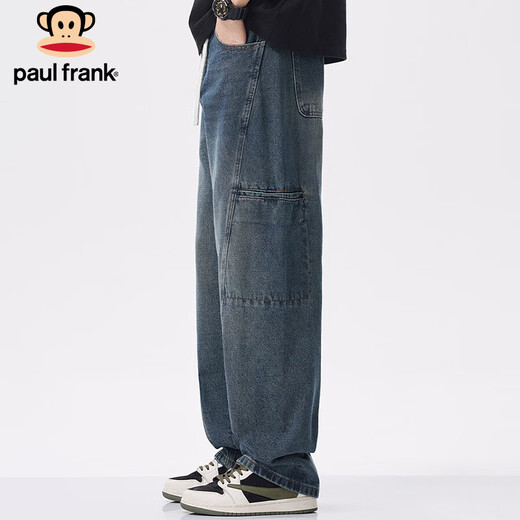 大嘴猴（paul frank）牛仔裤男士冬季拼接工装裤子男潮牌休闲裤阔腿男裤 怀旧蓝色 XL