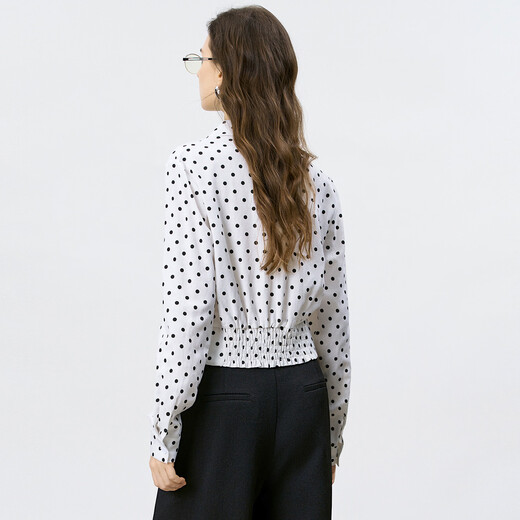 Yanyu unique polka dot linen shirt women's 2026 spring new style exquisite temperament long-sleeved waist women's top black and white dot S