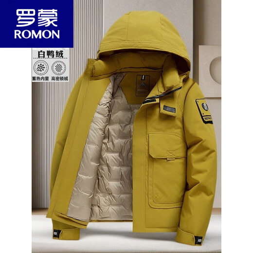 罗蒙（ROMON）冬季男士工装90白鸭绒羽绒服冬连帽冲锋衣户外保暖中青年外套 绿色 XL 180 建议120-135斤