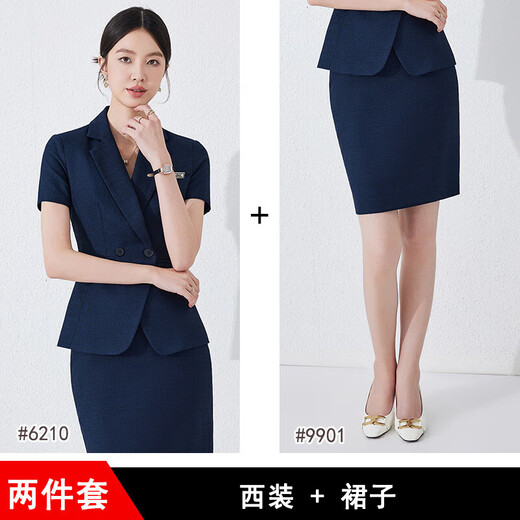 Summer business attire short-sleeved small suit collar jacket for women new hotel front desk work clothes formal waist work new style blue suit + pants (JY6210) S