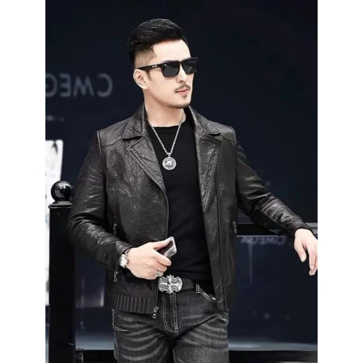 Playboy 2025 Autumn and Winter Short Slim Suit Collar Leather Jacket Men's Korean Style Fashionable, Handsome and Casual The Easiest to Match Leather DB# Black Spring and Autumn Style M
