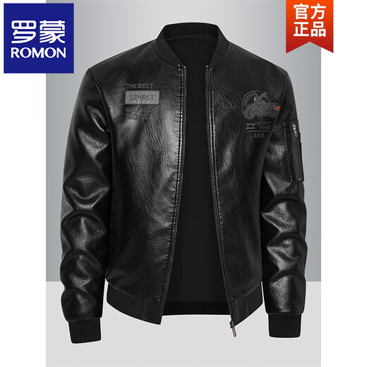 ROMON Leather Jacket Men's Baseball Collar Velvet Thickened Loose Casual Trendy Handsome Leather Jacket Embroidered Motorcycle Jacket Black Velvet 812X Thickened M