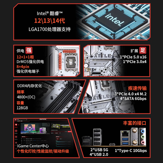七彩虹 B760M主板D4/D5支持英特尔酷睿12/13/14代CPU14600KF/12600KF/14490F/14700KF/12700KF电脑主板 【D4冷钢】B760M-WHITE WIFI