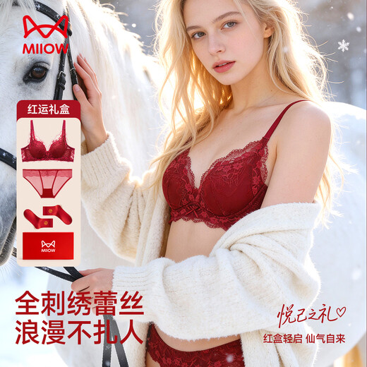 Cat Man Red Underwear Women's Qiji Red Small Breasts Gathered Animal Year Horse Year Harvest Secondary Breasts Pure Desire Sexy Bra Gift Box Set