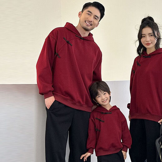 Fun parent-child wear red sweatshirt Chinese style Western style velvet hooded sweatshirt Chinese New Year family wear for a family of three or four Chinese buckle hooded sweatshirt 90 children's clothing (18-26 Jin Jin equals 0.5 kg)