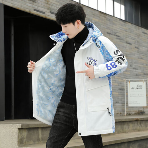 Mid-length jacket men's autumn and winter trendy brand youth velvet thickened jacket junior high school and high school student jacket off-white 4XL size 180-200Jin Jin is equal to 0.5 kg