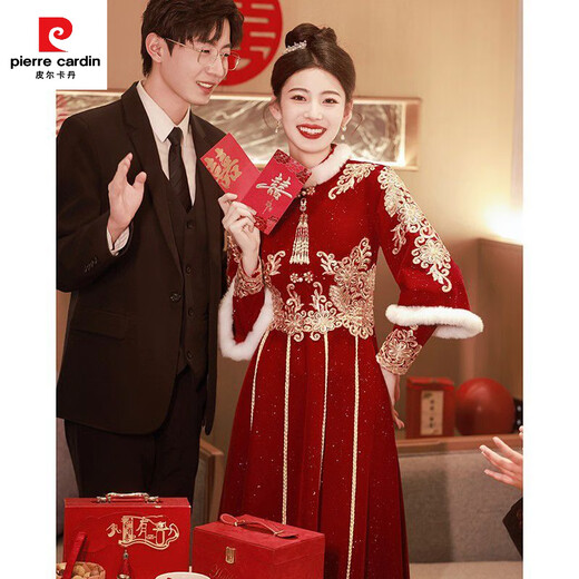 Pierre Cardin Cheongsam Toast Wear Bride 2025 New Red Engagement Wedding Dress Chinese Style Xiuhe Wedding Dress Long Sleeve Winter Burgundy 2XL