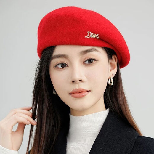 Yusenyi beret women's hat women's fashionable style wool blended white and temperament autumn and winter style beret for women Mao Bei big red one size 55-58