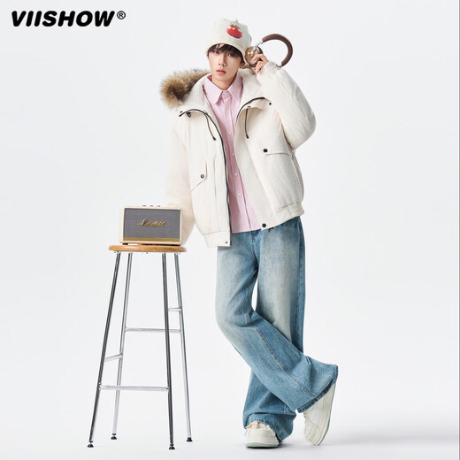 Viishow2025 новый пуховик мужской короткий зимний утолщенный парка со съемным большим меховым воротником рабочая куртка черный XL