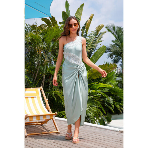 Shijanu 2025 autumn and winter new hot spring one-piece swimsuit one-shoulder embroidered triangle one-piece swimsuit vacation suit long skirt skirt S _85-100Jin Jin equals 0.5 kg