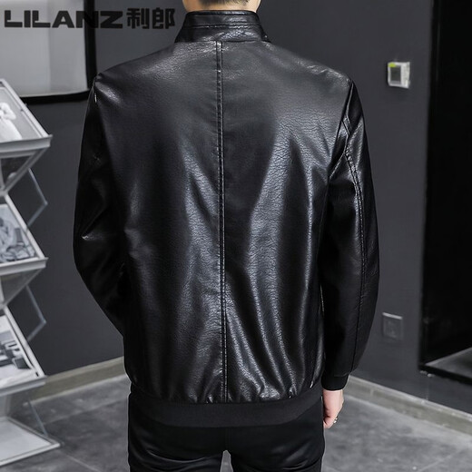 利郎（LILANZ）秋冬加绒加厚男士立领皮衣外套韩版宽松皮夹克简约潮流休闲机车服 黑色  单 L