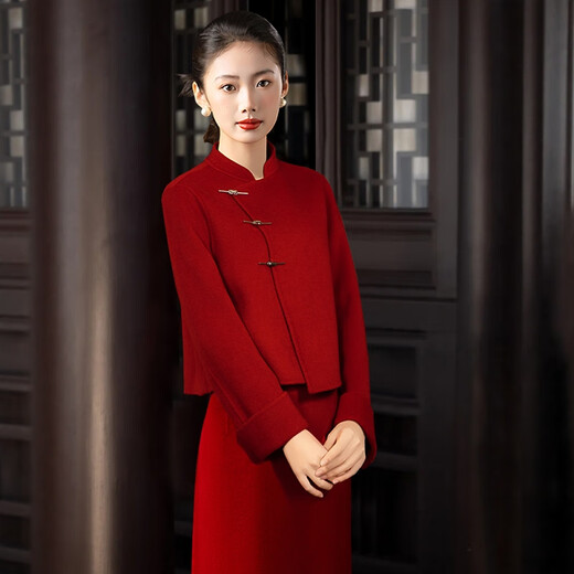OIMG light luxury high-end winter Chinese style red woolen coat women's autumn engagement dress wedding dress toasting dress red jacket + skirt (set) L