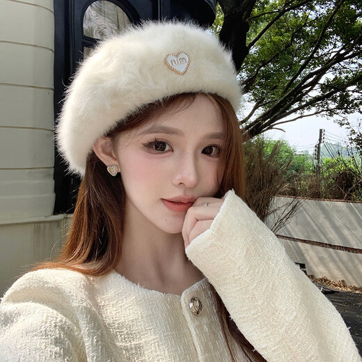 Xiaohongshu's popular love white imitation rabbit fur beret women's autumn and winter versatile beret hat painting painter hat large beige white adjustable (55-58cm) one size