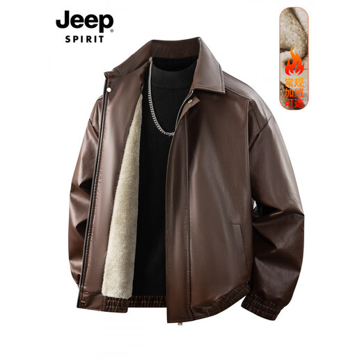 JEEP SPIRIT элитная зимняя кожаная мужская куртка с бархатом и утолщенным теплым лацканом, ветро- и морозоустойчивая кожаная куртка в мотоциклетном стиле, топ коричнево-зимний плюс бархат M (вес 90-125ЦзиньЦзин равен 0,5кг)