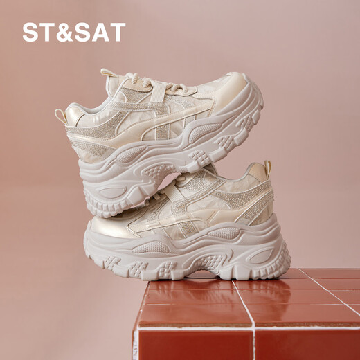 Saturday brand small versatile sports shoes for women 2026 spring and autumn new 8.5CM thick sole inner heightening dad shoes for women gold 34