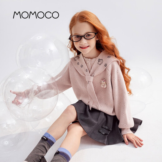 Mami Maka (MOMOCO) children's clothing girls' knitted sweater 2026 spring style medium and large children's fashionable woolen cardigan pink 110