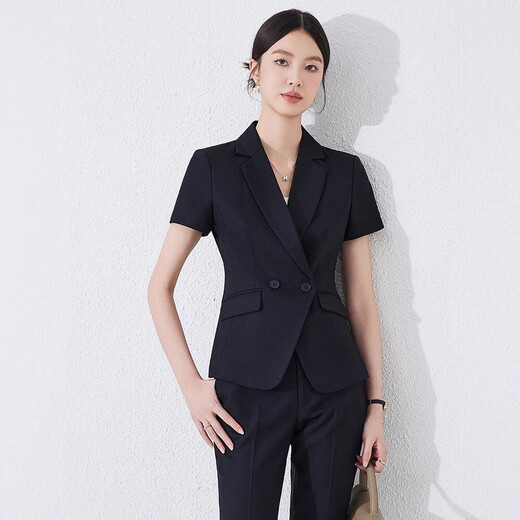 Summer business attire short-sleeved small suit collar jacket for women new hotel front desk work clothes formal waist work new style blue suit + pants (JY6210) S