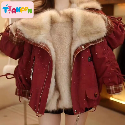 TIANFAN Winter Girls Jacket Mother-daughter Parent-Child Clothes 2025 New Winter Style Western Style Overcome Imitation Fur Top Red Follow and add to Favorite to get a pendant 175 Mom L size 105-120 Jin Jin is equal to 0.5 kg