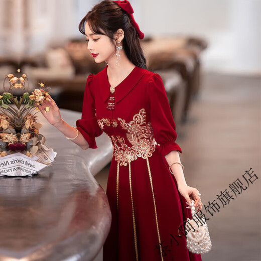 Tea girl's toasting dress bride's burgundy wedding engagement dress dress can be worn back to the house casual wear lapel spring and summer red M