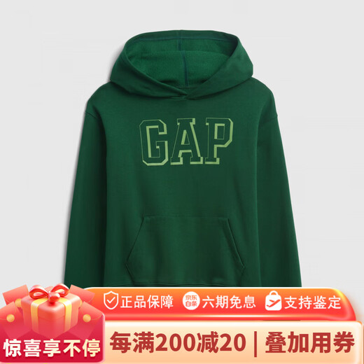 GAP Boys and Girls 2025 Autumn New Logo Three-dimensional Print Fleece Hoodie Children's Suit US Version 795197 Green 160 _80 (over 14 years old)