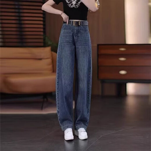 Small narrow scimitar jeans for women 2025 winter new high-waisted slimming straight casual wide-leg pants retro blue trousers height 159CM and above 4XL recommended 148-158Jin Jin is equal to 0.5 kg