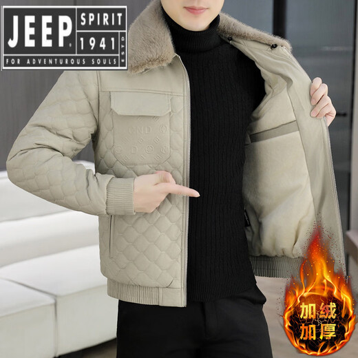 JEEP SPIRIT winter velvet thickened fur lapel jacket for men 2025 autumn and winter lamb velvet warm leather jacket for men off-white velvet thickened 3XL (150-170)