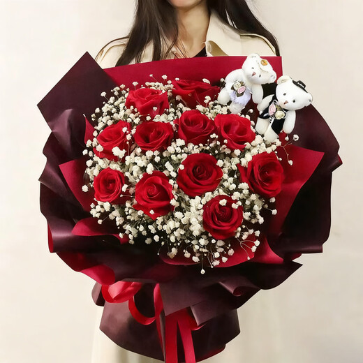 Dream Fairy Flower Express Rose Bouquet for Wife and Girlfriend, Birthday Gift Flowers Nationwide Delivered to the City on Anniversary, Lifetime 2 Bears + 11 Red Roses Flower Bouquet