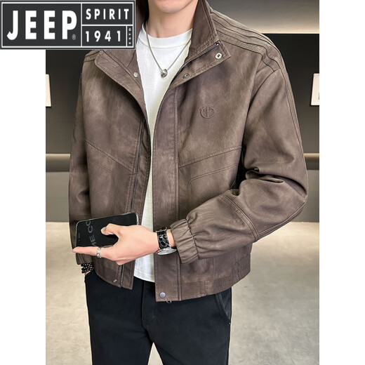JEEP SPIRIT leather jacket men's autumn and winter autumn 2025 new fashion brand stand collar casual fashion handsome motorcycle leather jacket ruffian handsome men's clip coffee color M