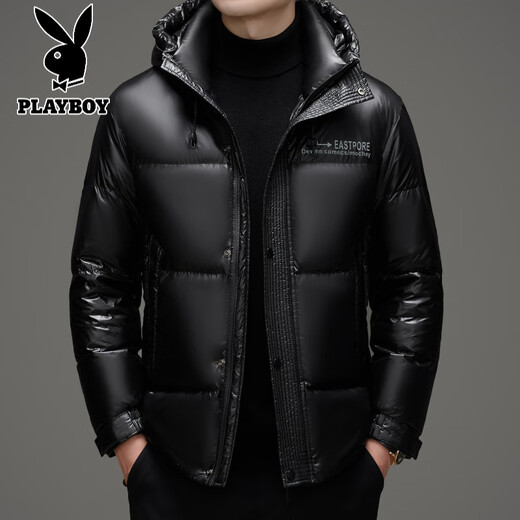 Playboy (PLAYBOY) Chaqueta de plumón para hombre, chaqueta cálida, corta, informal, de moda, con capucha brillante, resistente al viento e impermeable, color negro, M 170