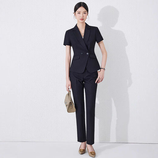 Summer business attire short-sleeved small suit collar jacket for women new hotel front desk work clothes formal waist work new style blue suit + pants (JY6210) S